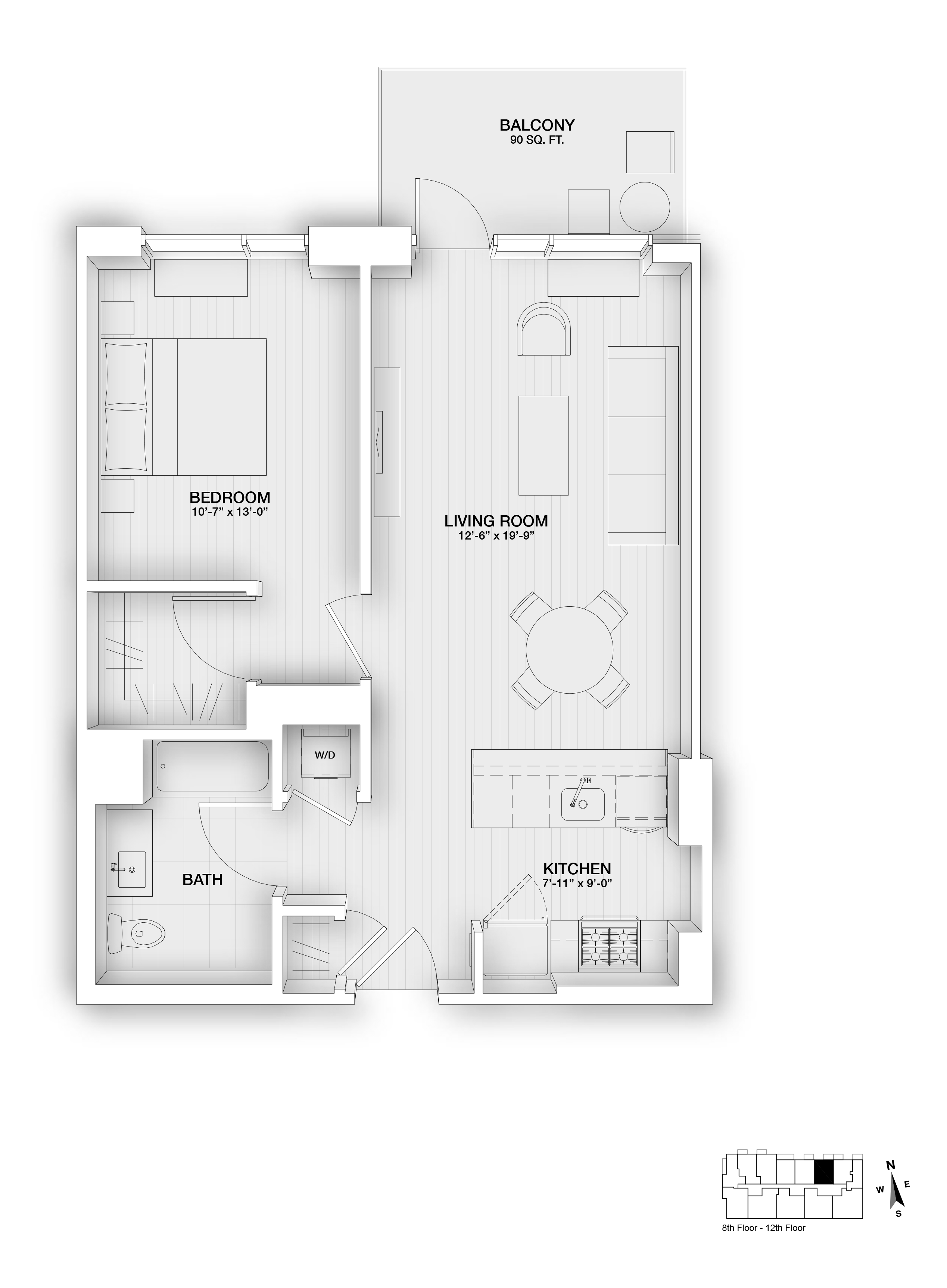 Floor plan for 1 bed, 1 bath, 716 sqft